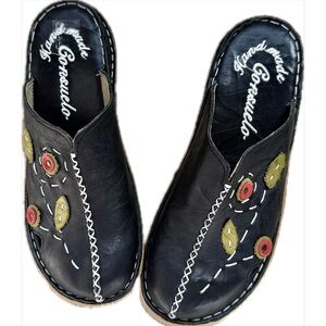 Consuelo Handmade Genuine Leather Black Embroidered Women' Sandals Slip-On Mules